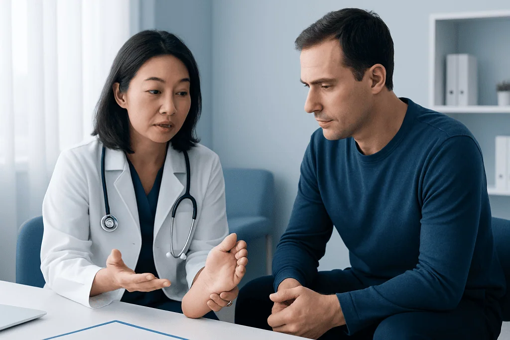 Doctor explaining foot condition to patient in consultation room.