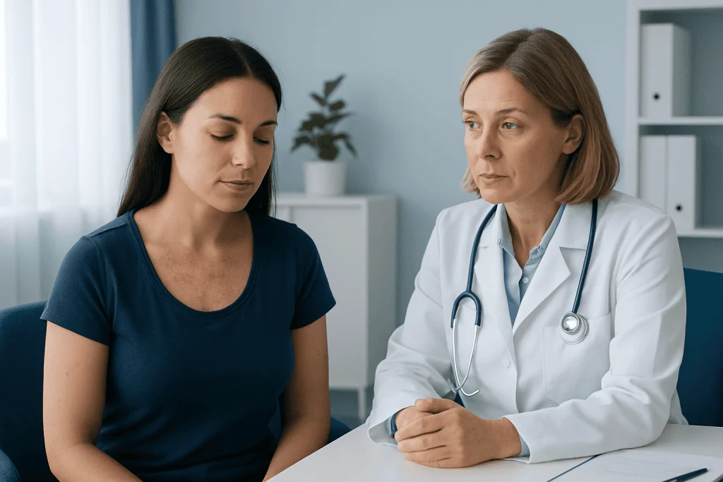 Doctor consulting with young woman patient in a medical office setting.