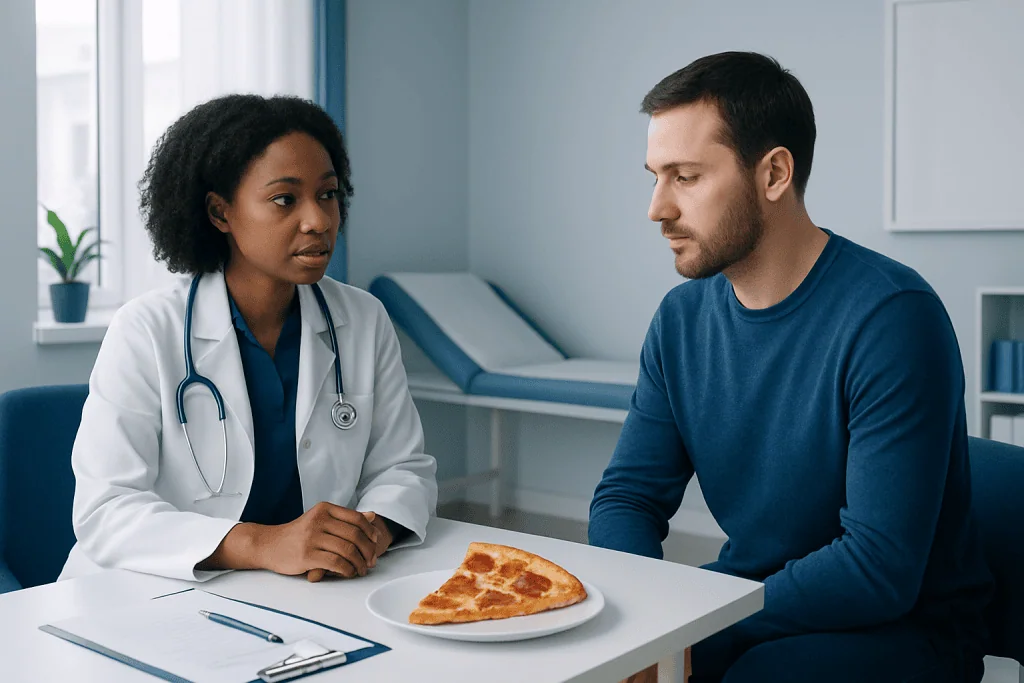 Doctor consulting with patient about pizza and health concerns in a clinic.