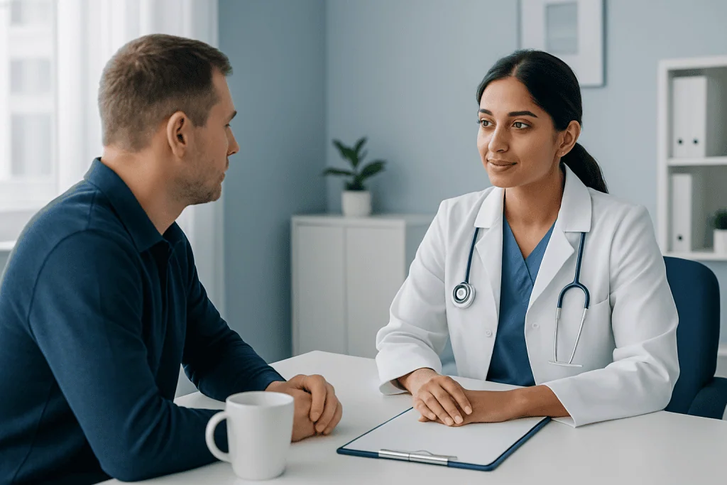 Doctor consulting with a patient in a modern medical office setting.