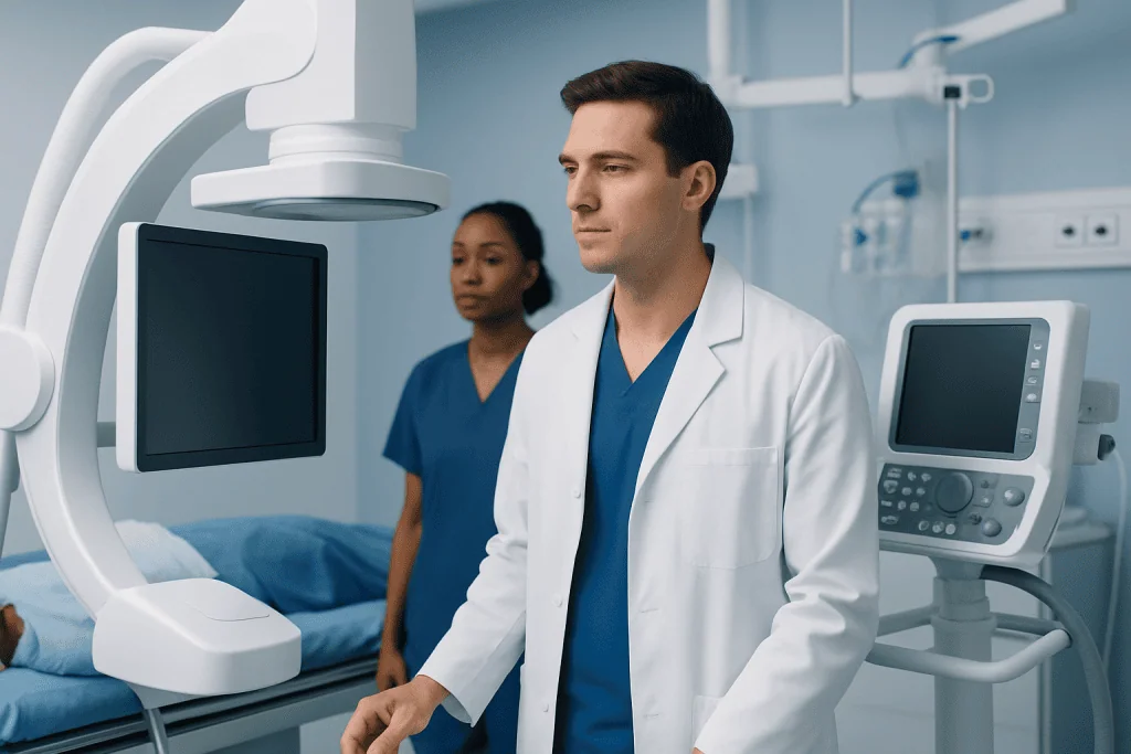 Medical professionals in a hospital operating room with advanced equipment.