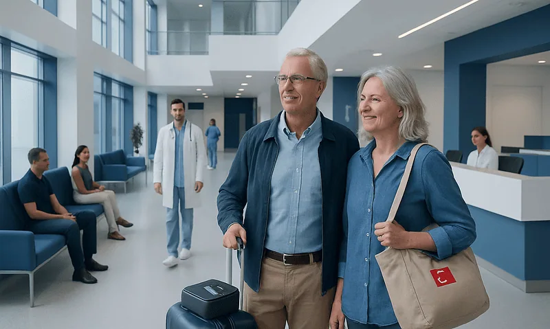 Happy elderly couple at hospital with CPAP device for sleep apnea.