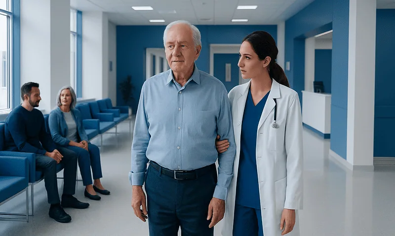 Senior patient walking with doctor in hospital corridor.