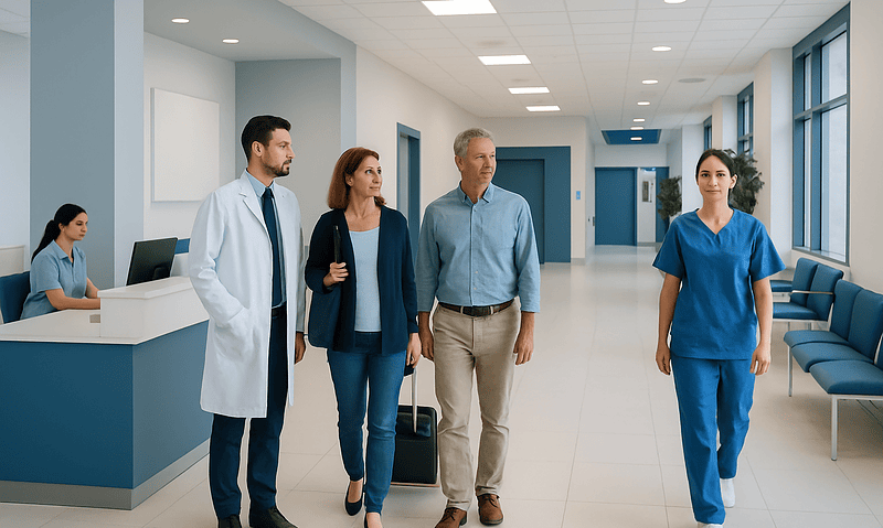 Hospital corridor with medical staff and visitors in Turkey.