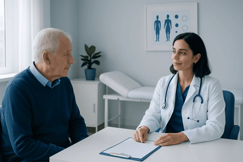 Doctor consulting with elderly patient in hospital setting.