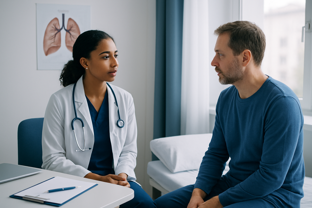 Doctor consulting patient in a medical office with lung diagram on the wall.