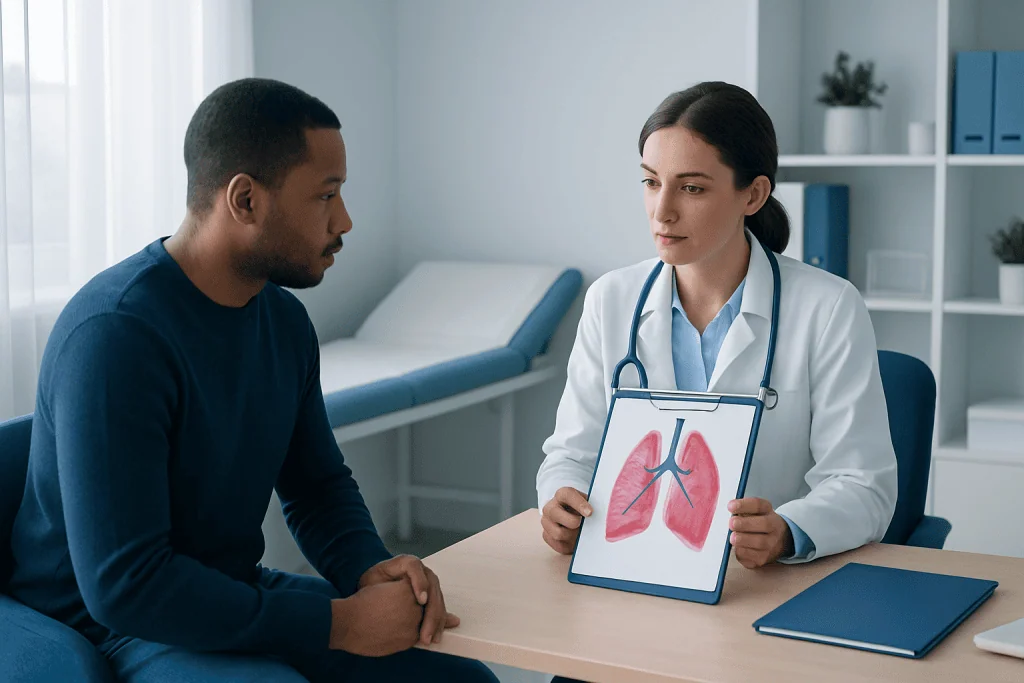 Doctor explaining lung health to patient with lung diagram.