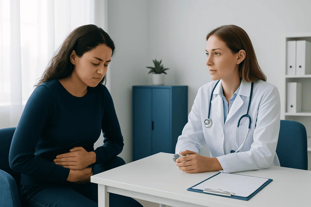Doctor consulting with a woman patient in a medical office setting.