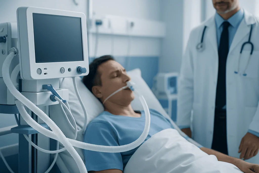 Hospital patient on ventilator with doctor in ICU setting.