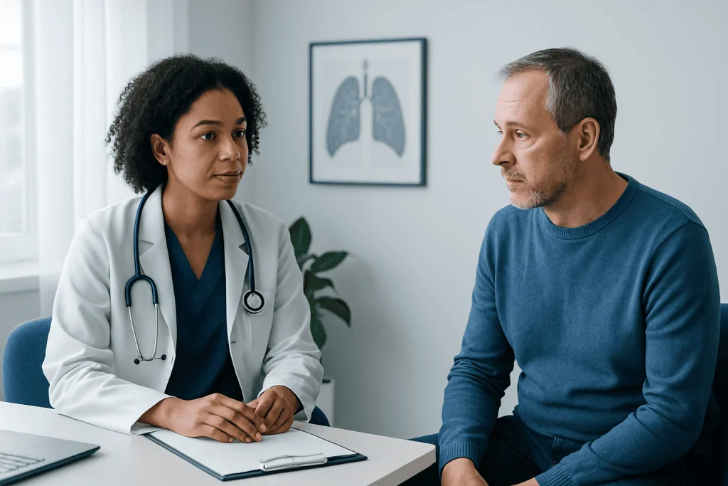 Doctor consulting with a male patient about respiratory health.