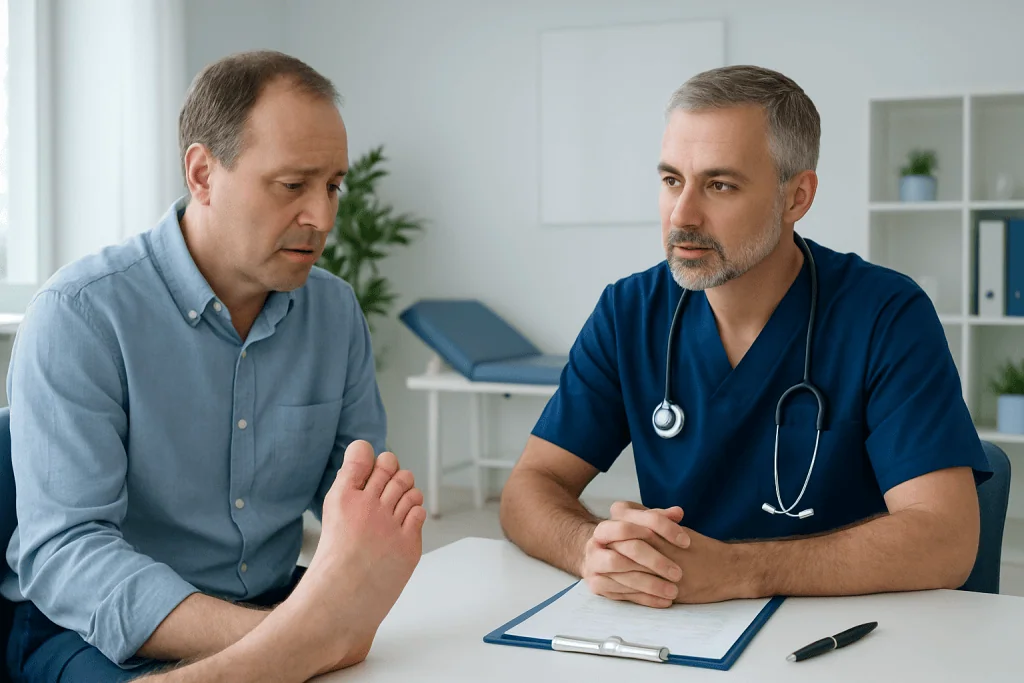 Doctor consulting with a patient about podagra symptoms in a medical office.