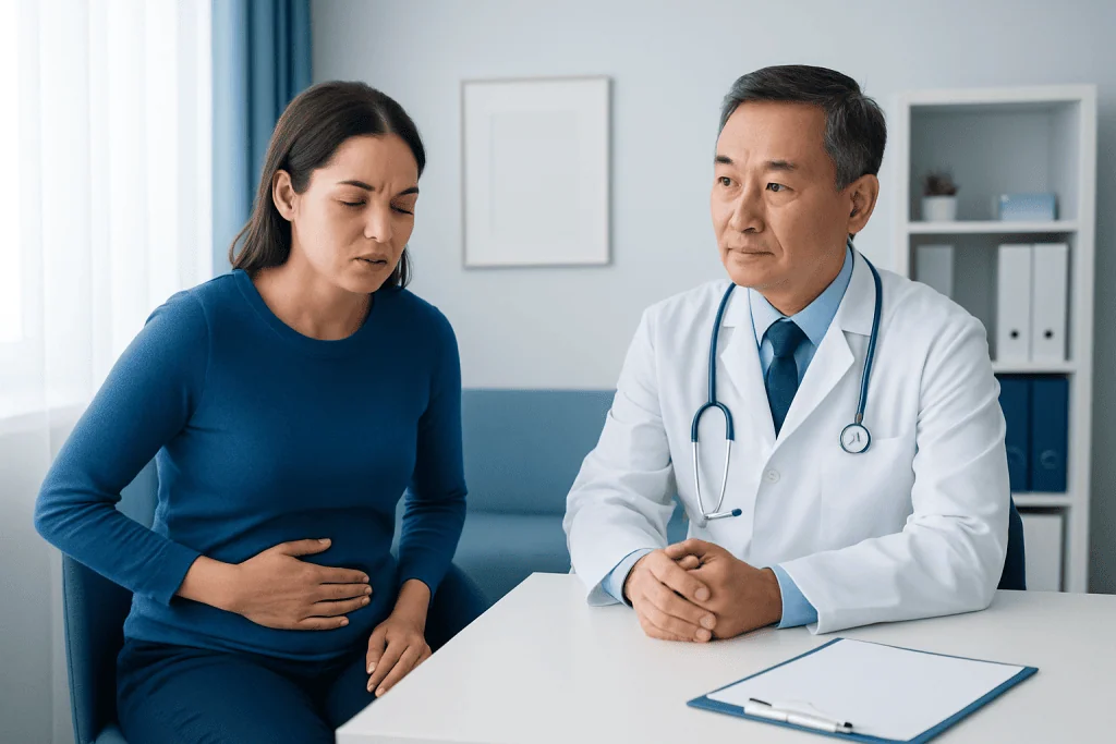 Woman consulting with a doctor about stomach pain or digestive issues.
