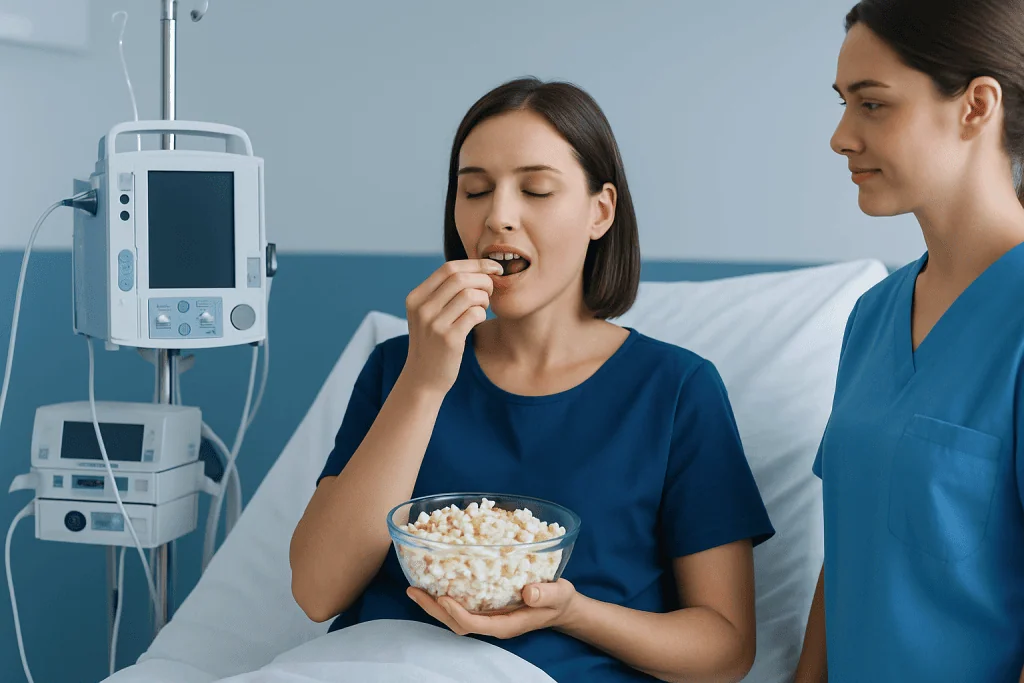 Woman eating popcorn in hospital bed with nurse nearby.