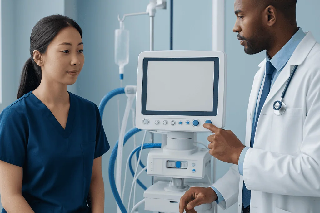 Doctor explaining medical monitor to nurse in hospital setting.