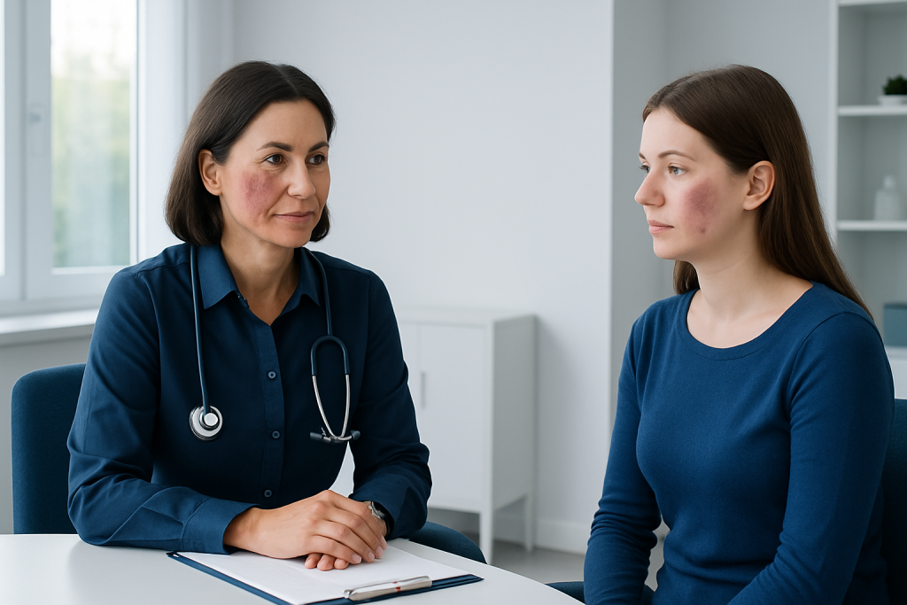 Doctor consulting with a young patient about skin condition in a clinic.