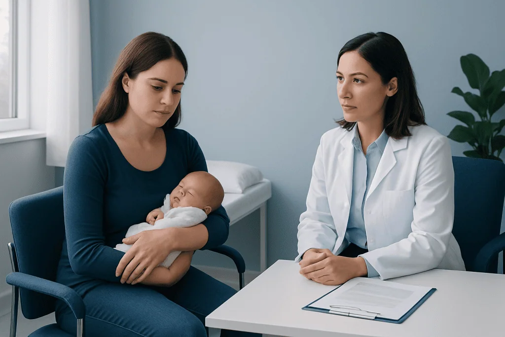 Mother with newborn discussing postpartum health with doctor in clinic.
