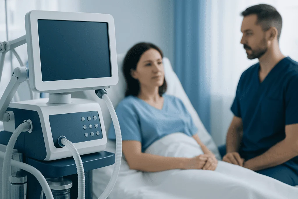 Hospital room with patient and doctor near medical equipment.