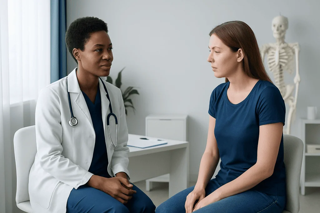 Doctor consulting with a patient about posture in a medical office.