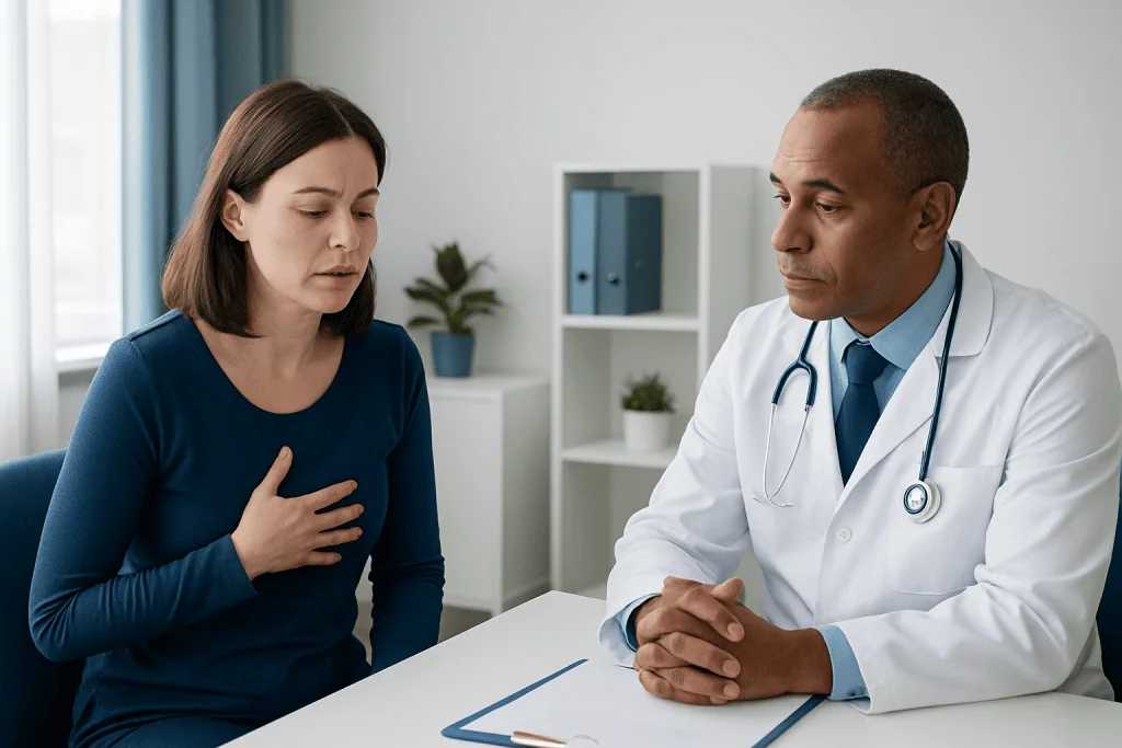 Doctor consulting with a woman patient about health concerns in a clinic.
