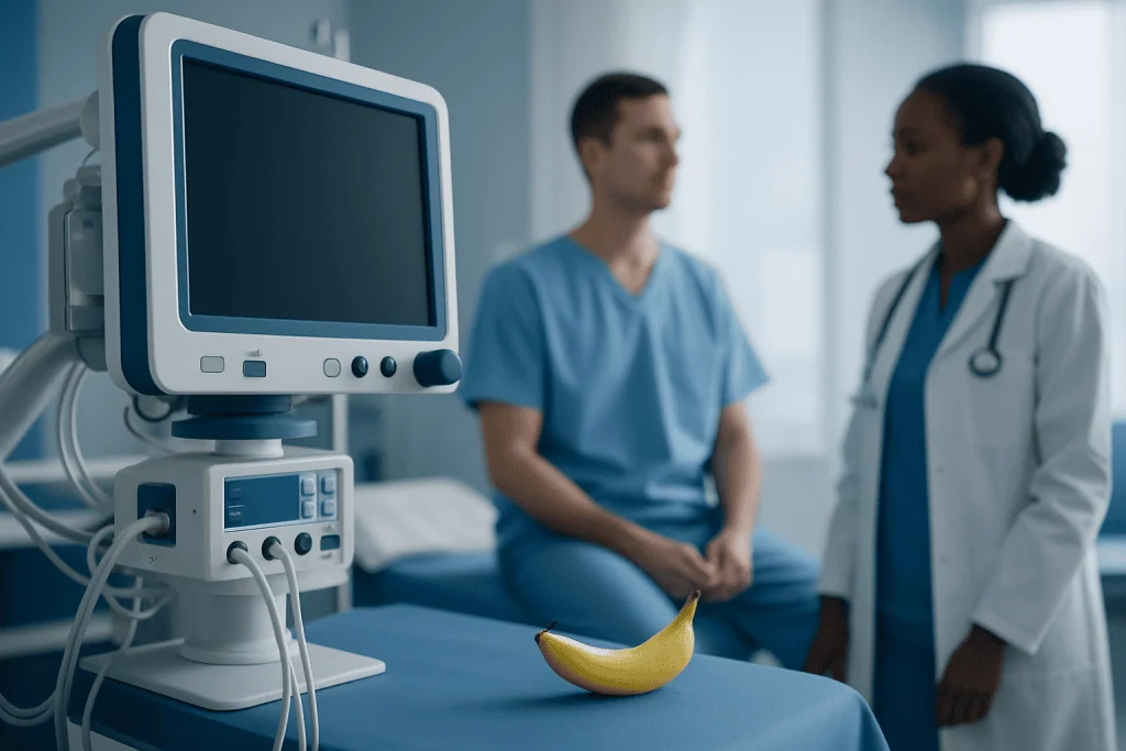 Medical consultation with a patient and healthcare professional in a hospital room.