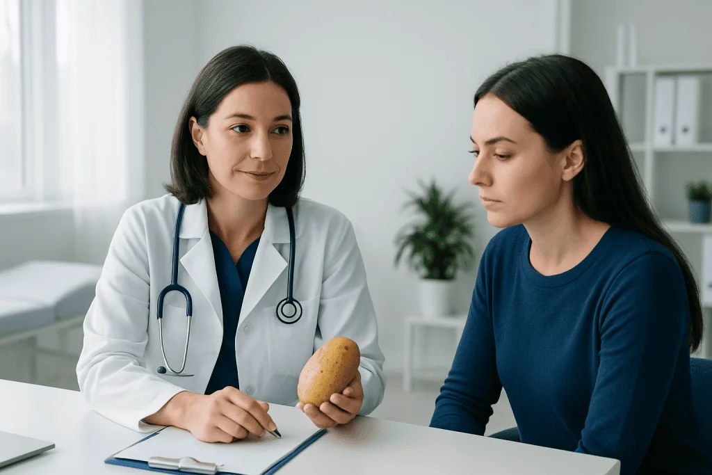 Doctor explaining potato health benefits to patient in clinic setting.