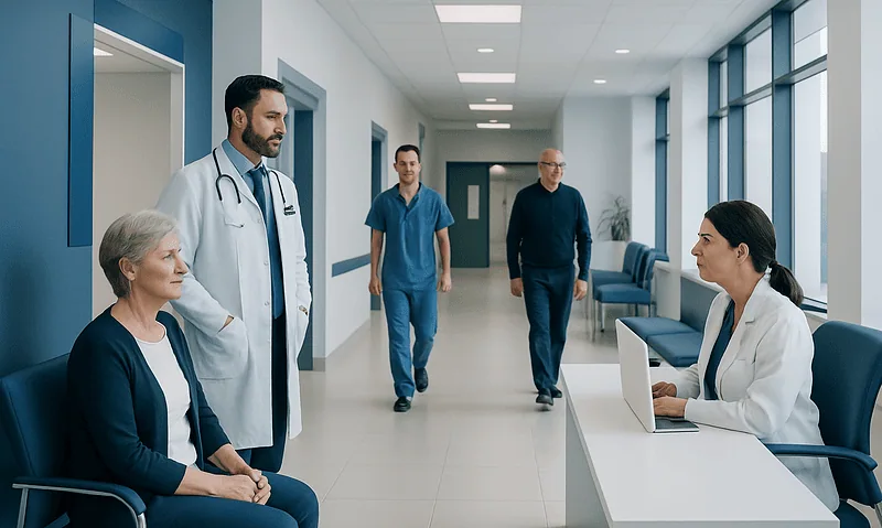 Medical consultation in a modern hospital corridor with healthcare professionals and patient.