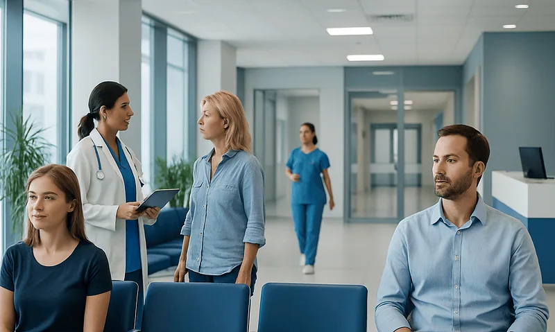 Patients waiting in a hospital corridor with medical staff consulting.