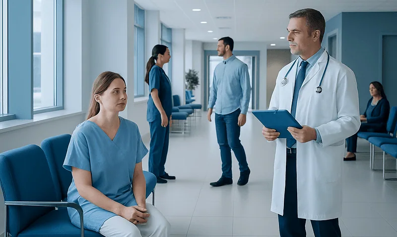 Doctor consulting with a patient in a hospital corridor.