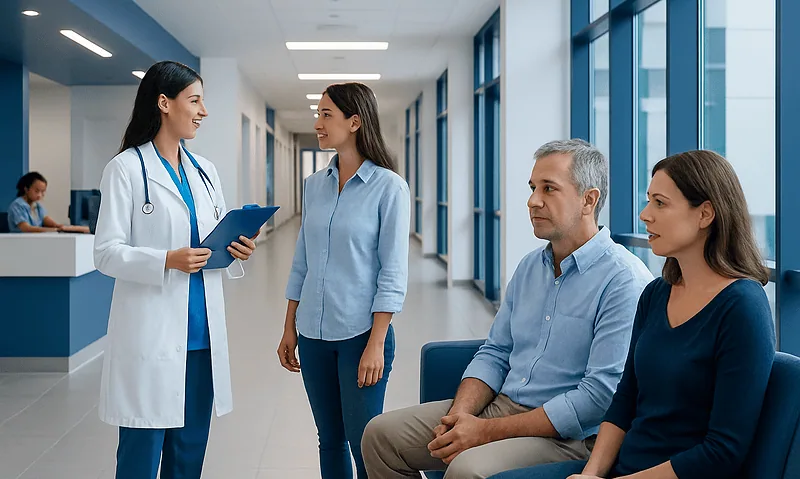 Medical consultation at a hospital with doctor and patients in a modern corridor.