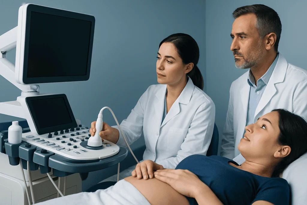 Medical professionals perform an ultrasound on a pregnant woman in a hospital.