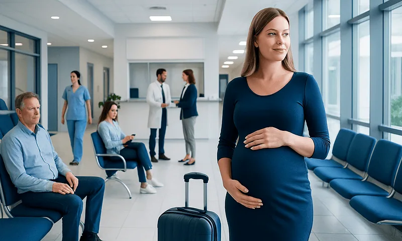 Pregnant woman waiting at hospital with medical staff in background.