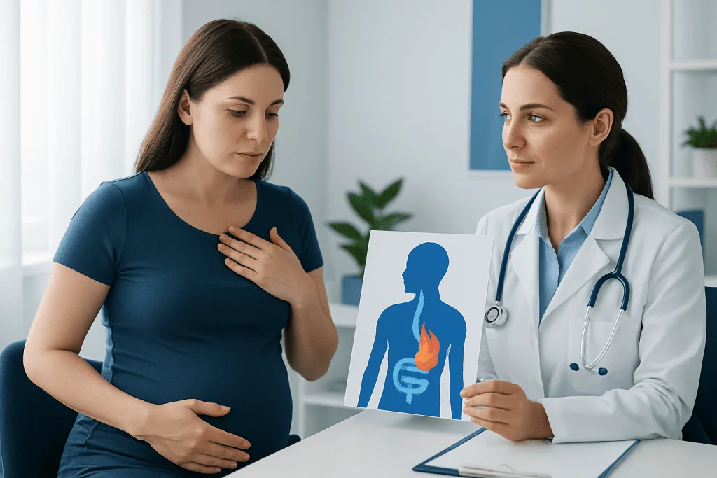 Pregnant woman consulting doctor about acid reflux symptoms.