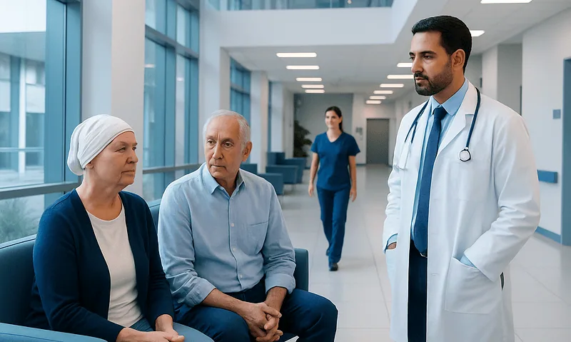 Doctor consulting with elderly patients in hospital corridor.