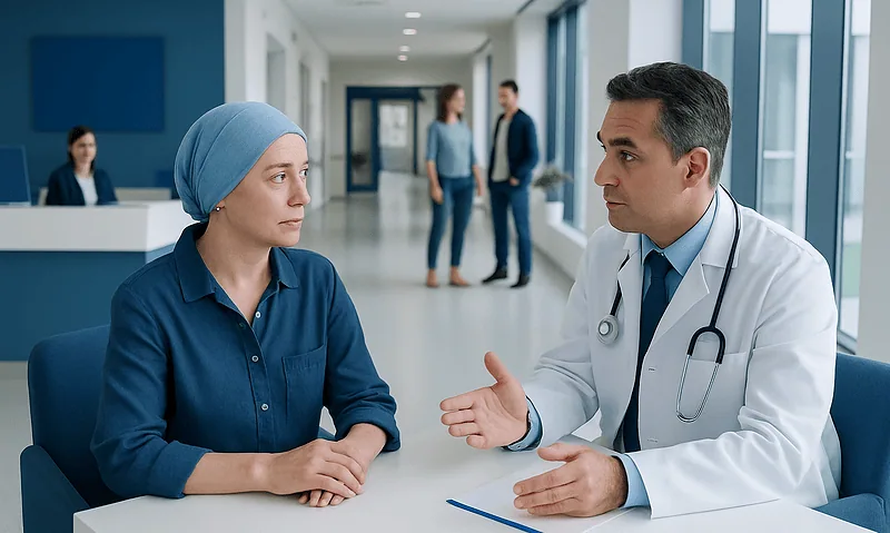 Doctor consulting patient in hospital corridor at Acibadem Hospitals Group.