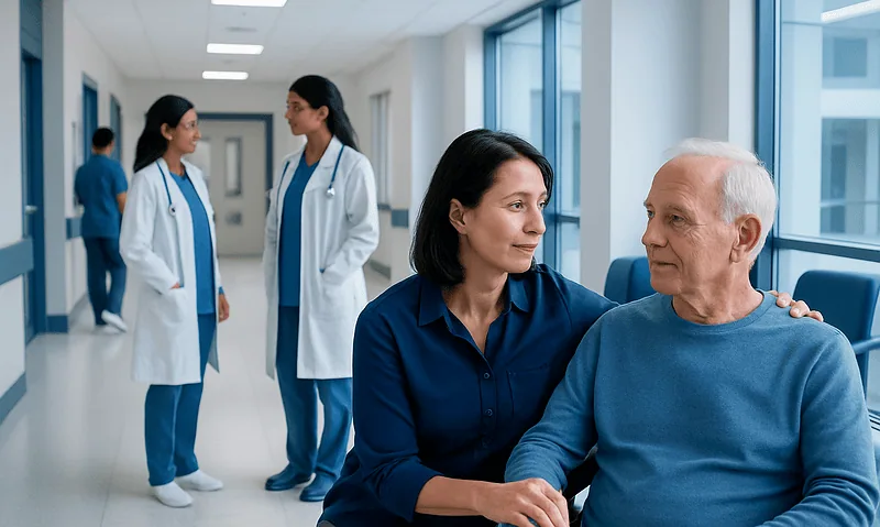 Doctor comforting an elderly patient in a hospital corridor.