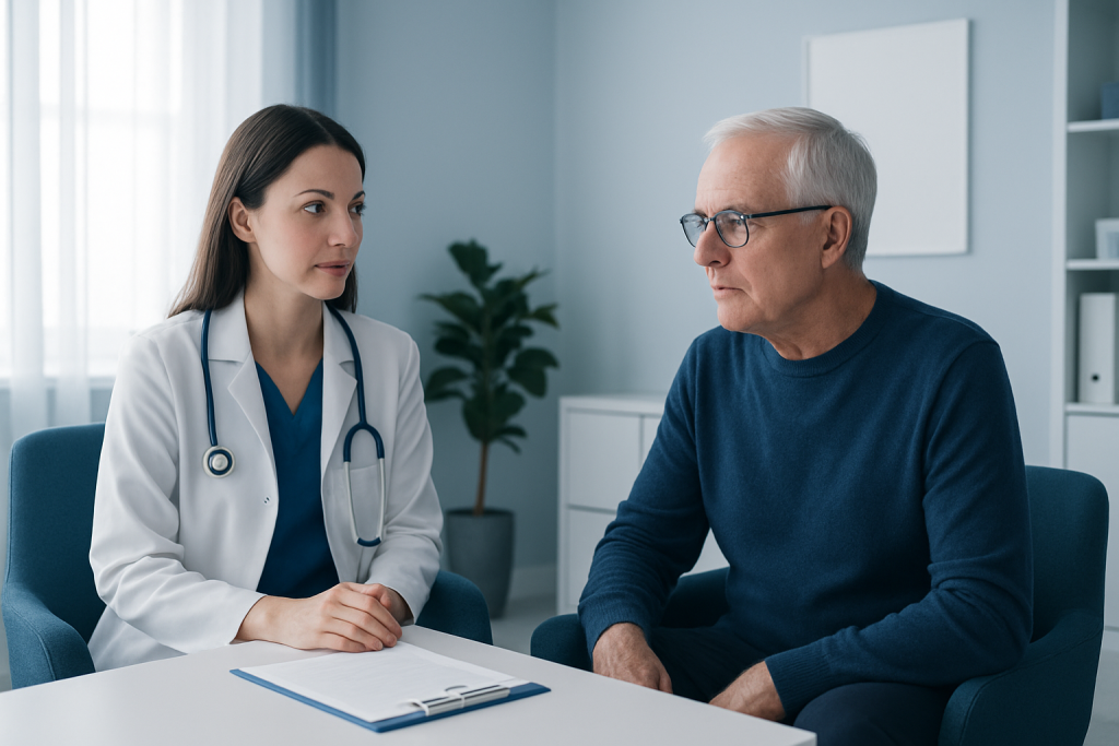 Doctor consulting with an elderly patient about eye health in a clinic setting.
