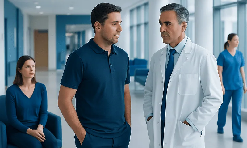 Doctor consulting with a patient in a hospital corridor.