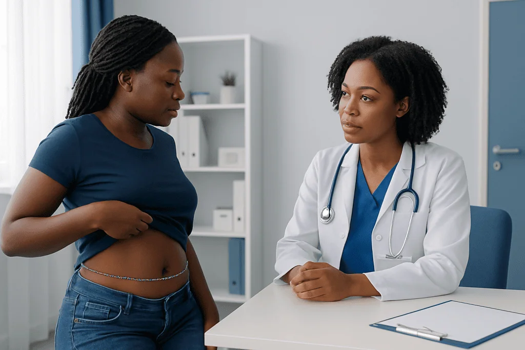Doctor consulting with a patient about waist health in a clinical setting.