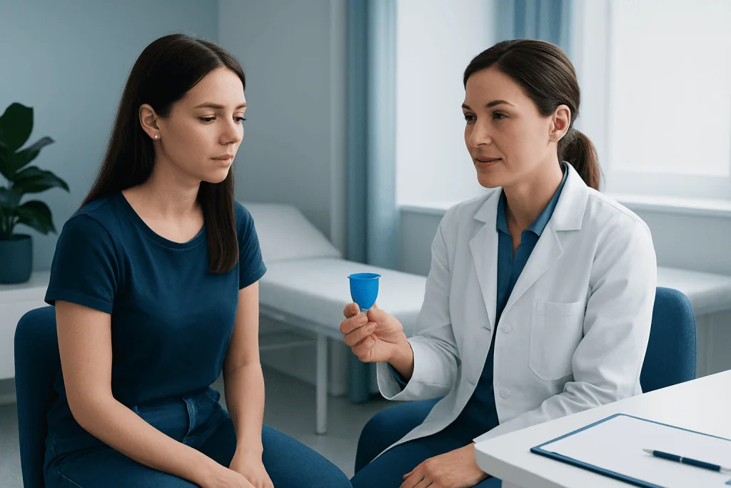 Doctor explaining menstrual health to a young woman in a clinic setting.