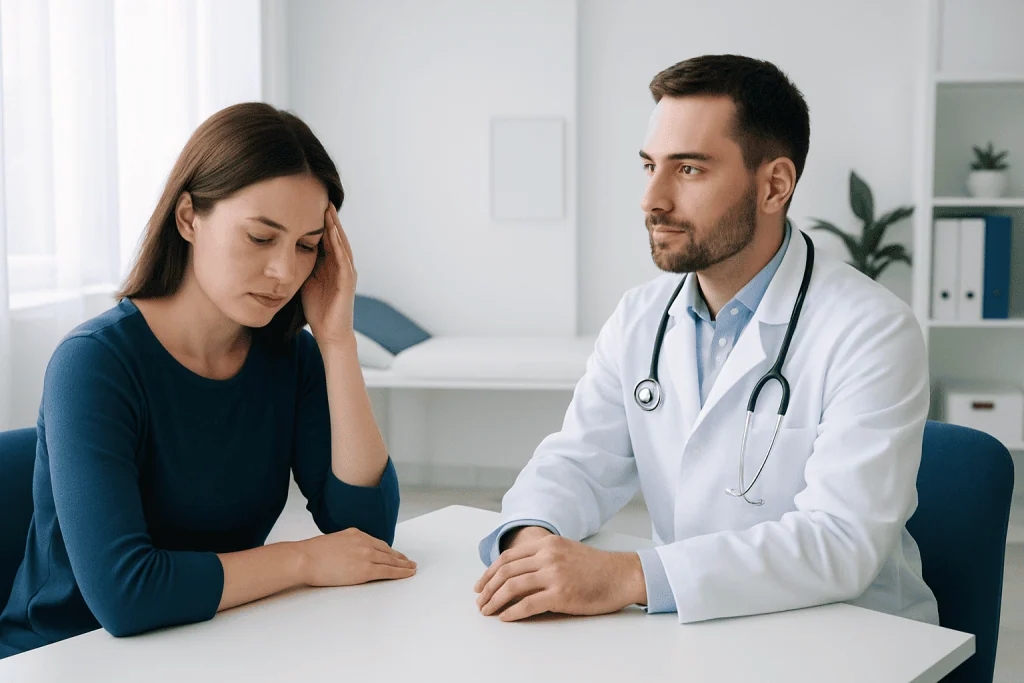 Doctor consulting with a woman patient in a medical office.