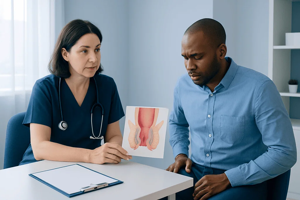 Doctor explaining hemorrhoids to patient with anatomical diagram.