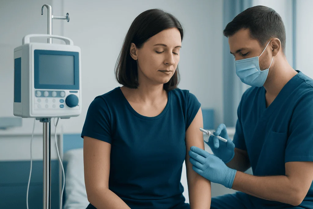 Healthcare professional administering vaccine to a woman in a clinical setting.