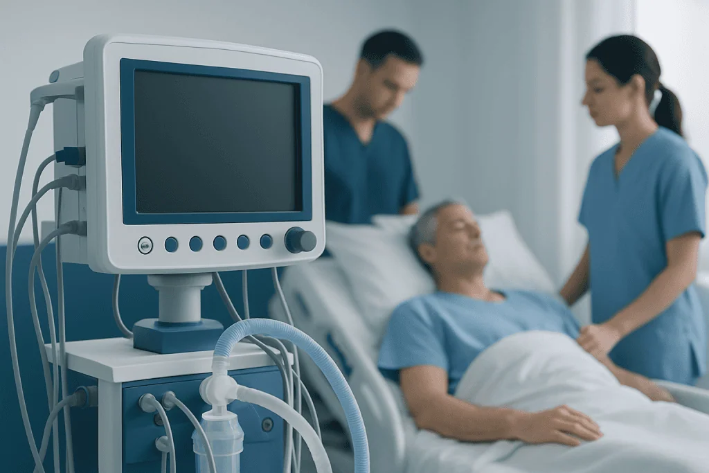 Hospital patient monitor in a medical care setting with healthcare professionals.