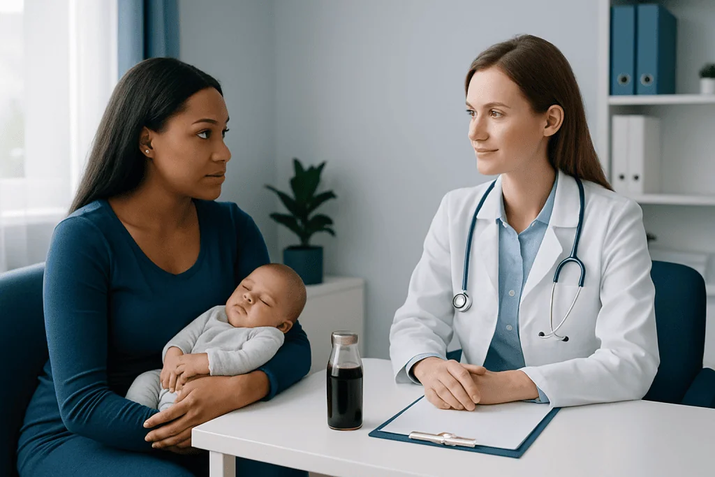 Doctor consulting new mother and her baby in a hospital setting.
