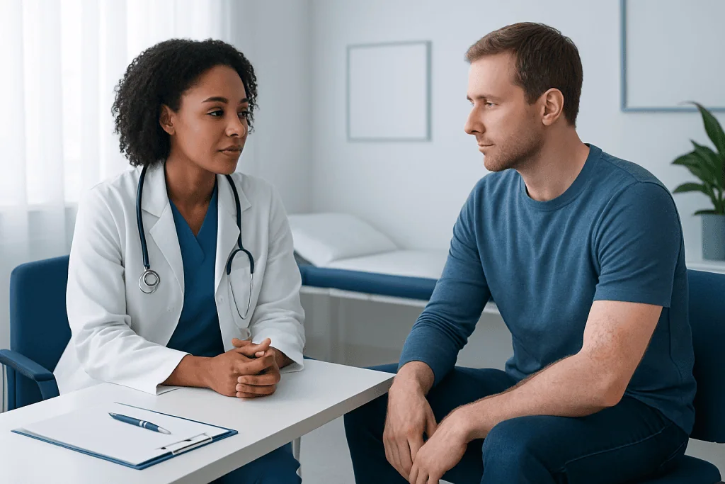 Doctor consulting patient in a medical office setting.
