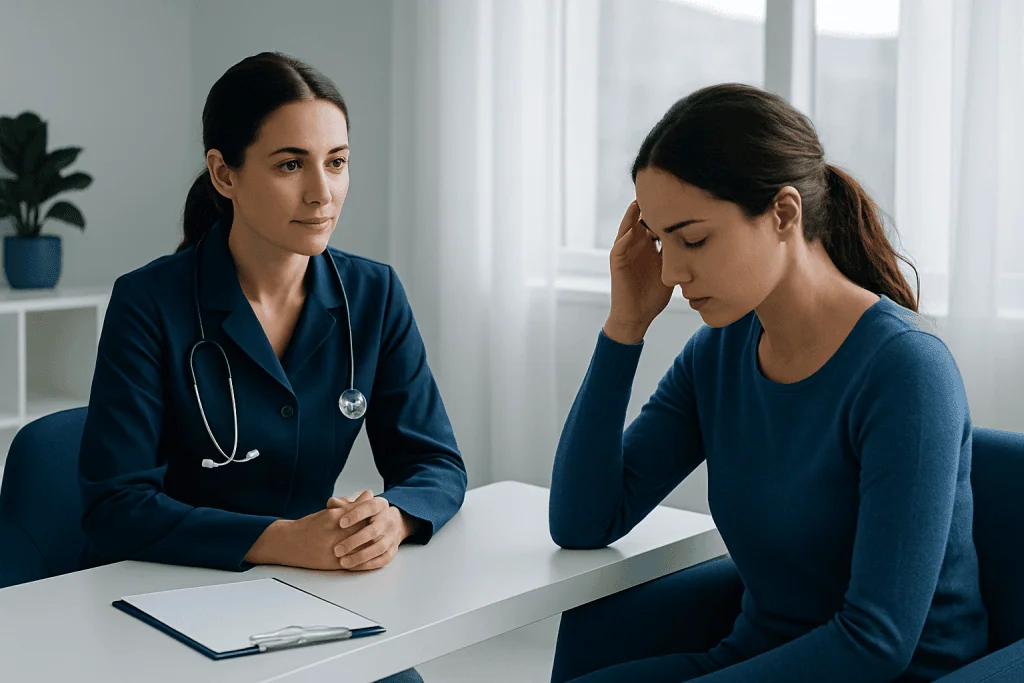 Doctor consulting with a patient about health concerns in a clinical setting.