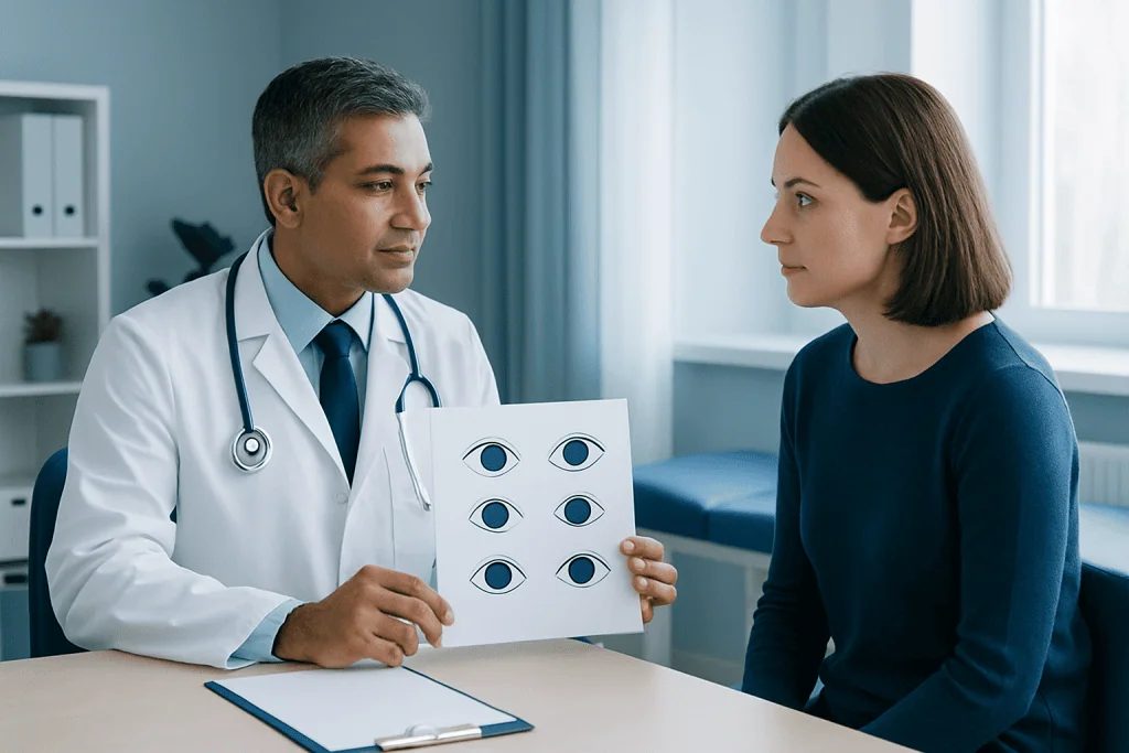 Doctor explaining pupil size chart to patient in consultation room.