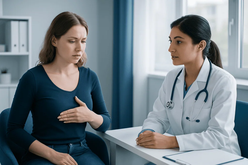 Doctor consulting with a patient about breast health concerns in a medical office.