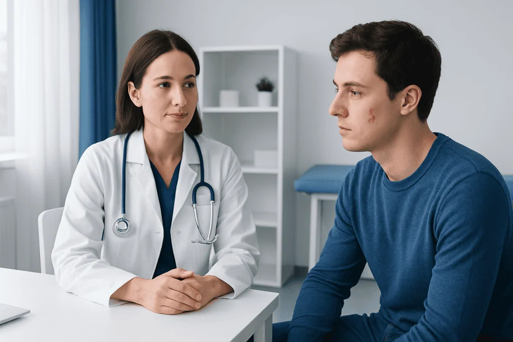 Doctor consulting with a young male patient in a medical office.