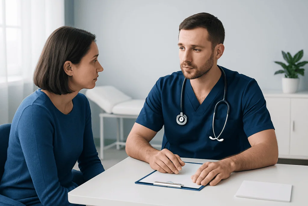 Doctor consulting with a female patient in a modern clinic setting.